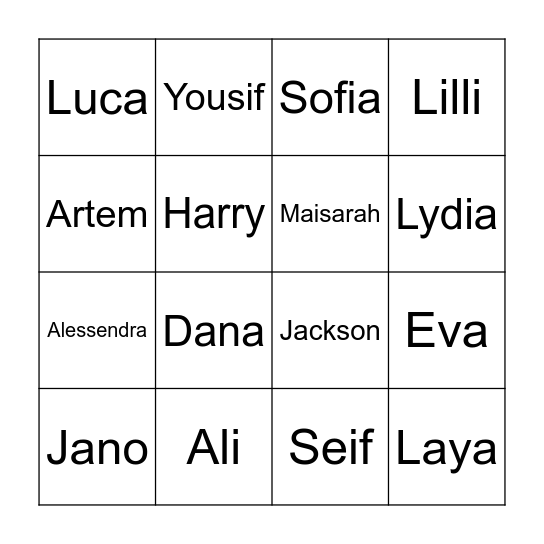 Class 7.2 Bingo Card