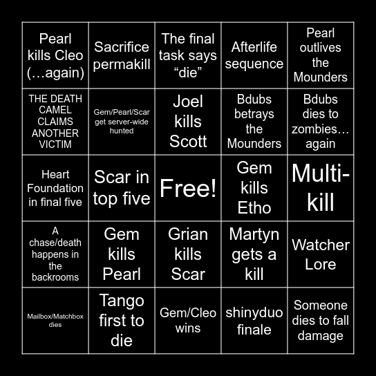 Secret Life Finale Bingo Card