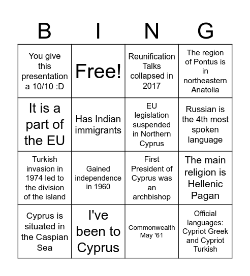 Cyprus Bingo Card