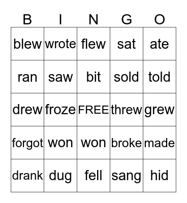 irregular verbs Bingo Card