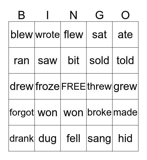 irregular verbs Bingo Card