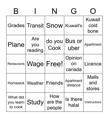 Canada questions Bingo Card