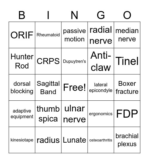 Hand Therapy Bingo Card