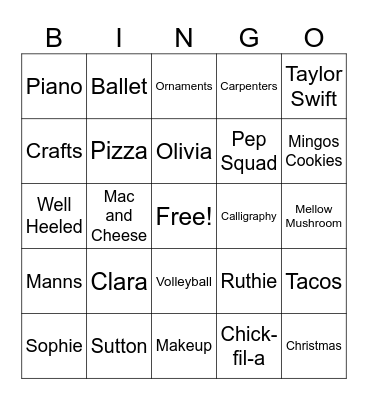 Carpenter/Mann Bingo Card