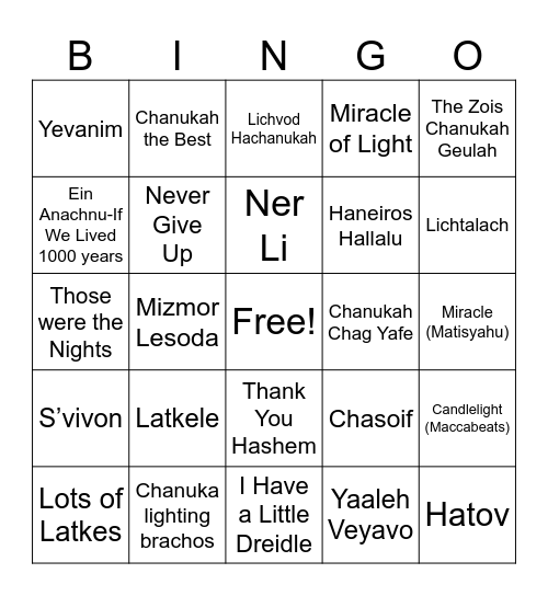 Chanuka Playlist Bingo Card