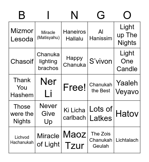 Chanuka Playlist Bingo Card