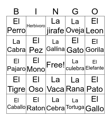 Animal Bingo Card