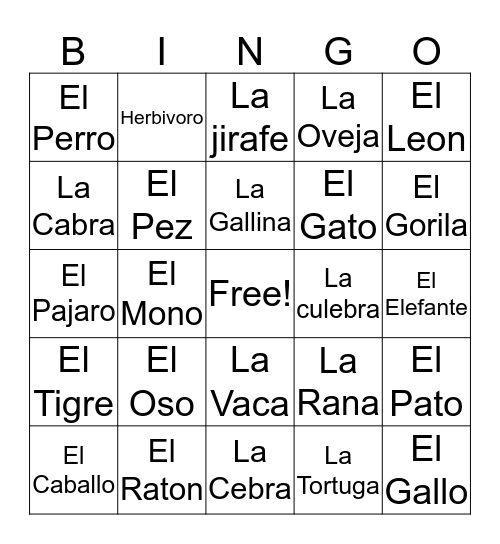 Animal Bingo Card