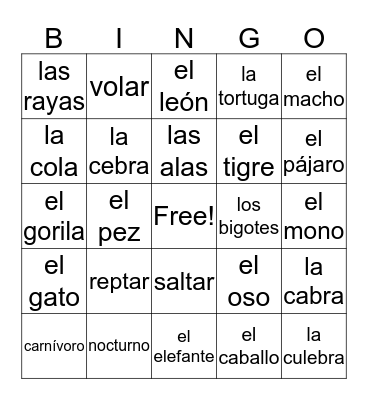 Animales Bingo Card