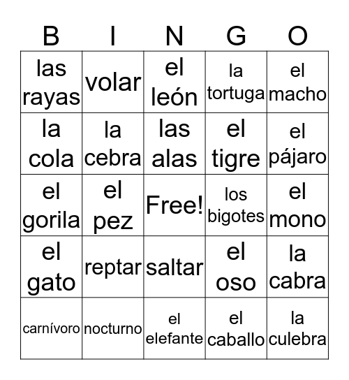 Animales Bingo Card