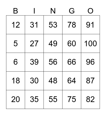 maths 1-100 Bingo Card