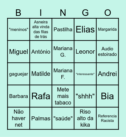 Aulas de PT Bingo Card