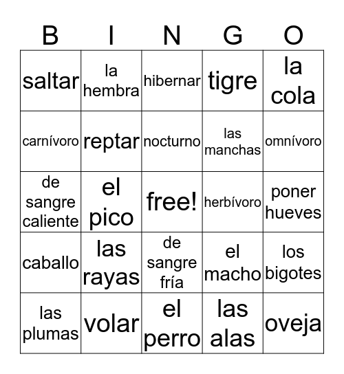 Los Animales (De Memoria) Bingo Card