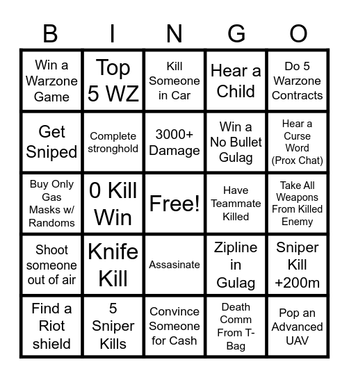 KillaKenzee Call of Duty Bingo Card