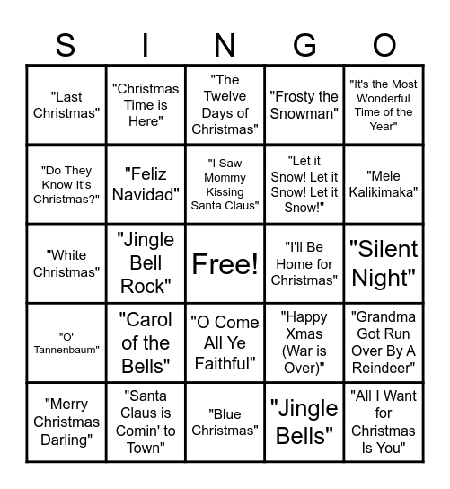 Christmas Songs Bingo Card