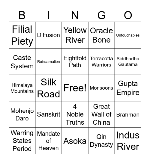 Ancient India and China Test Bingo Card