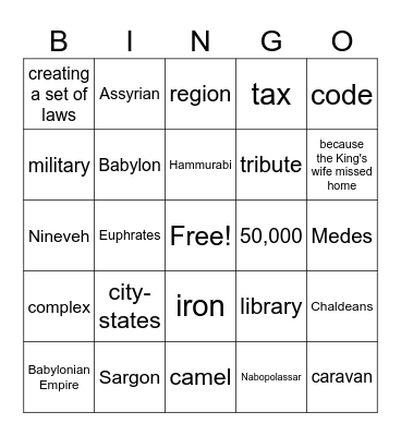 Mesopotamian Empires Bingo Card