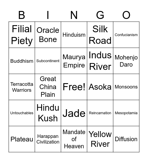 Ancient India and China Test Bingo Card