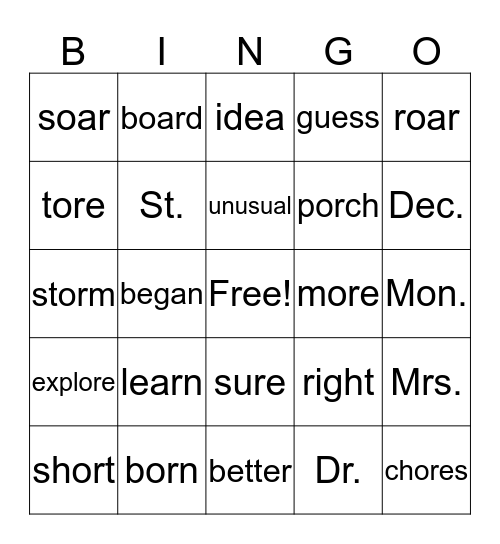 5.3  (HFW,or,ore,oar, abbreviations,) Bingo Card