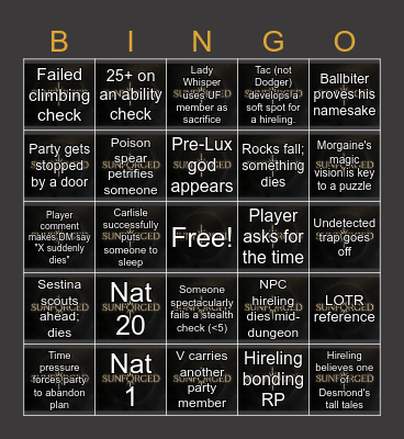 Sunforged Episode 12 Bingo Card