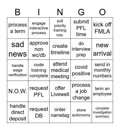 HR BINGO Coverall Bingo Card