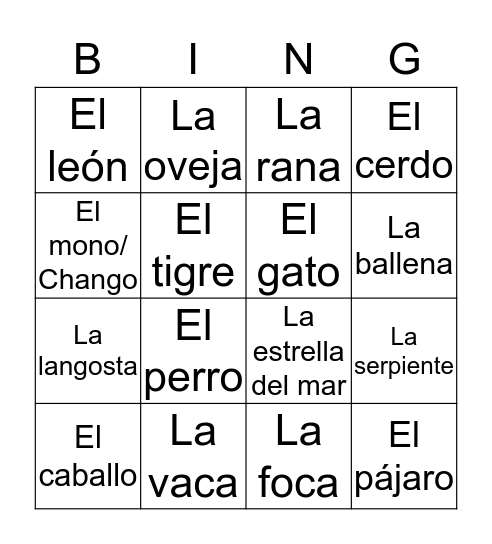 Los Animales Bingo Card