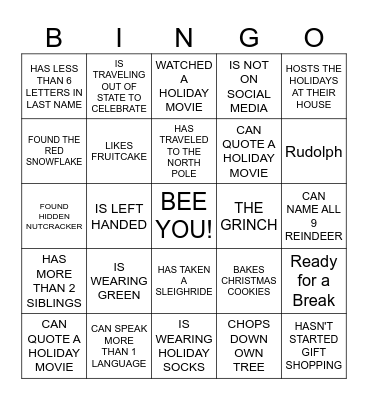 BEE YOU HOLIDAY BINGO Card