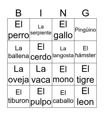 Animales Bingo Card