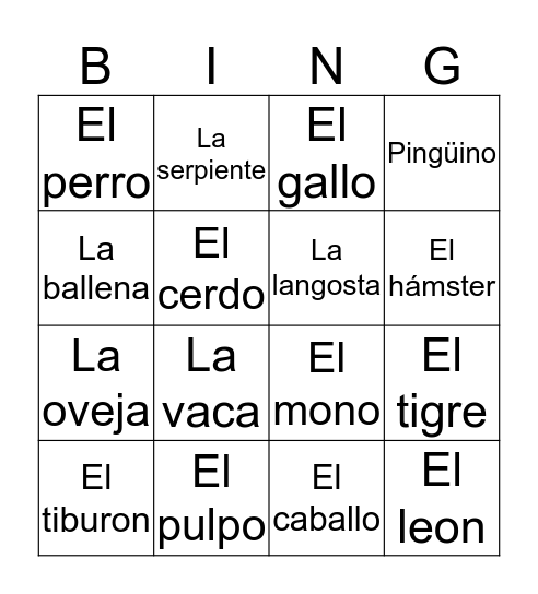 Animales Bingo Card
