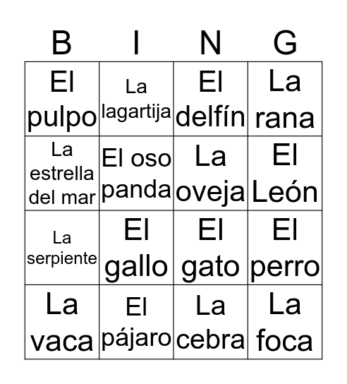 Los Animales Bingo Card