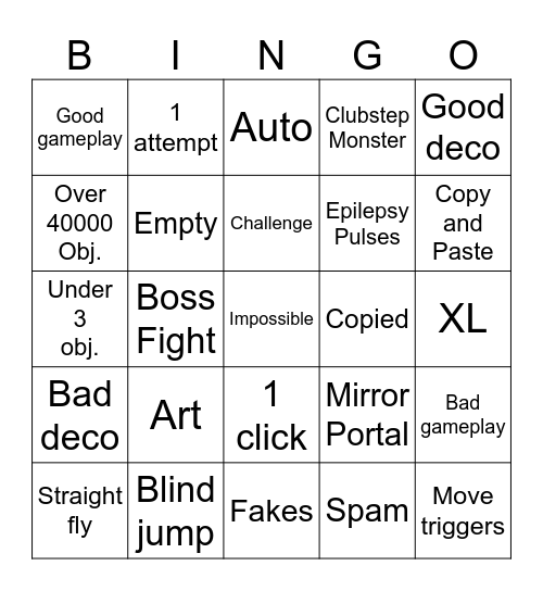 Geometry dash recent tab Bingo challenge Bingo Card