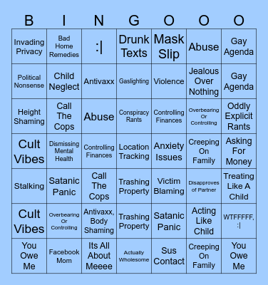 r/InsaneParents Bingo Card