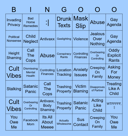 r/InsaneParents Bingo Card