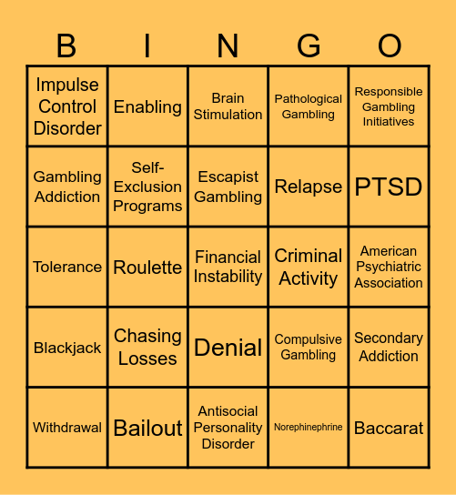 Gambling Addiction Bingo Card