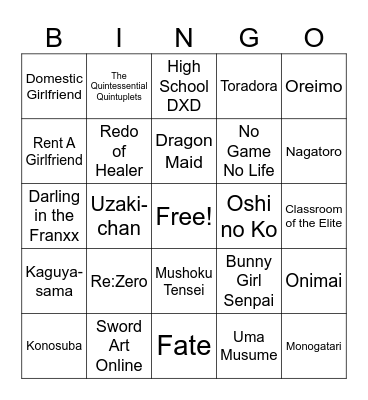 Otaku-pandering Anime Bingo Card