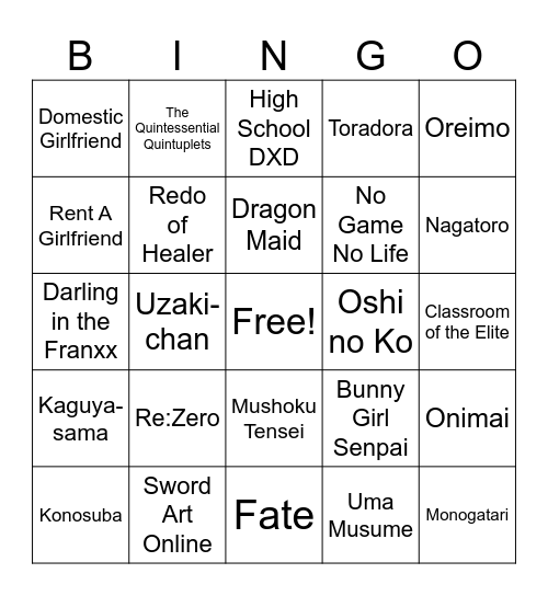 Otaku-pandering Anime Bingo Card