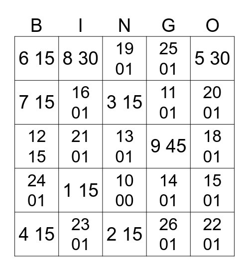Time telling Bingo Card