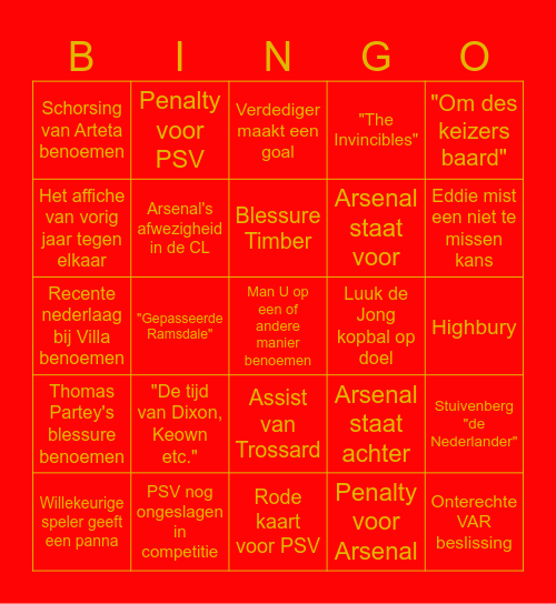 PSV - Arsenal Bingo Card