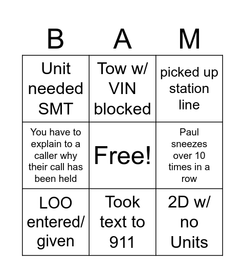C Squad BAM Bingo Card