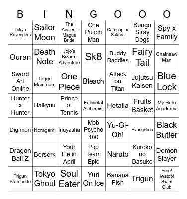 Anime Popular on Tumblr Bingo Card