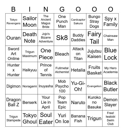 Anime Popular on Tumblr Bingo Card