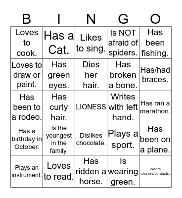 LIONESS Bingo Card