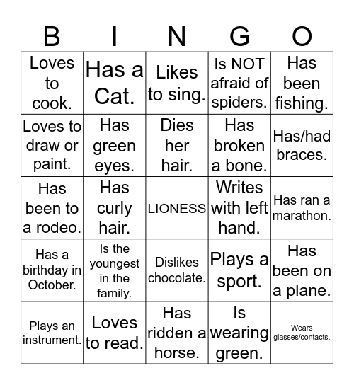 LIONESS Bingo Card