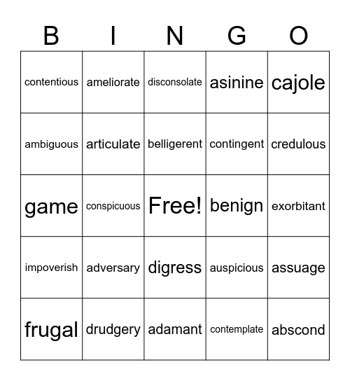 English 9 - Fall Semester Vocabulary Bingo Card