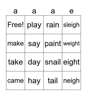 Long Vowel A Sounds Bingo Card