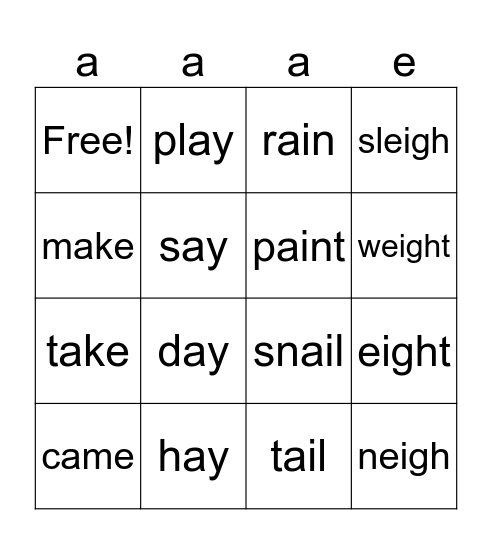 Long Vowel A Sounds Bingo Card