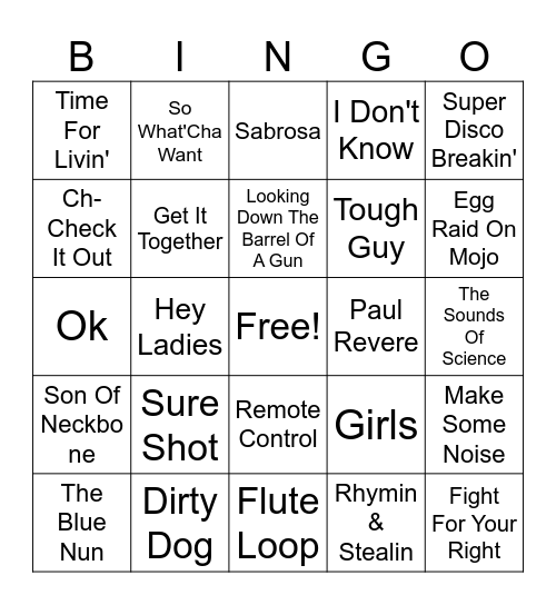 Beastie Boys Music Bingo Card