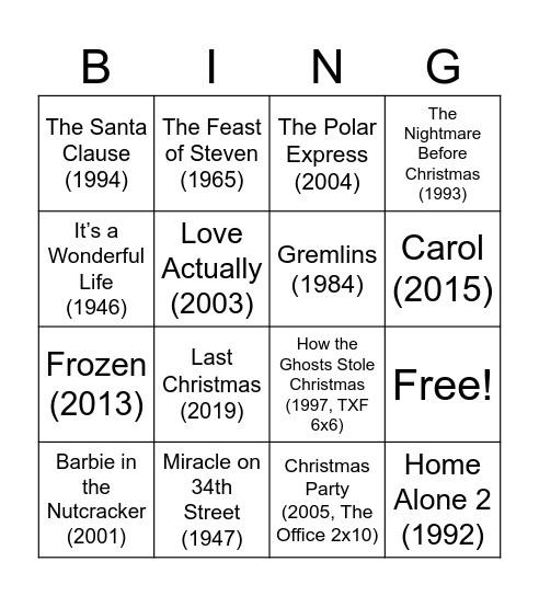 Christmas Movie Bingo!!! Bingo Card
