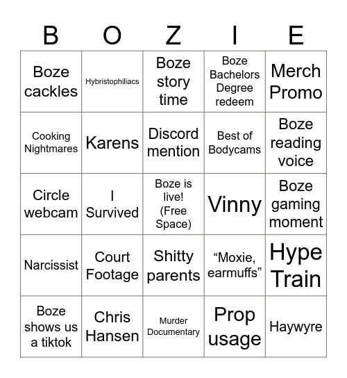 BigBossBoze Stream Bingo Card