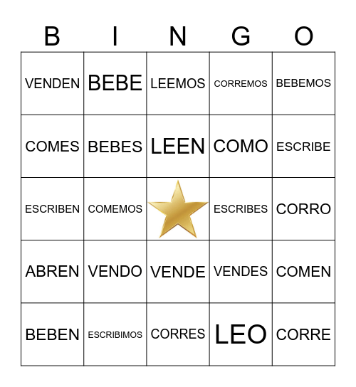 ER & IR verbs Bingo Card